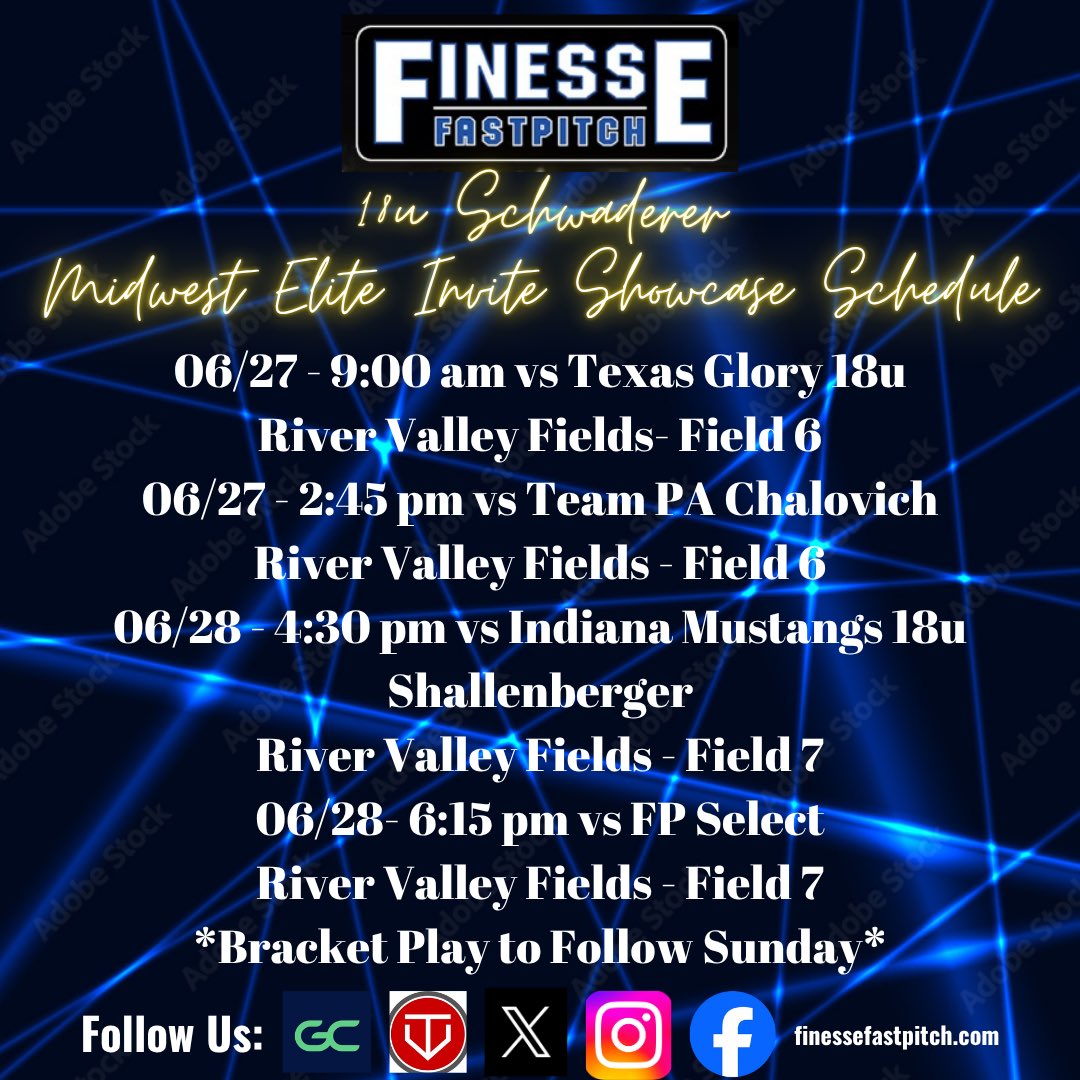 Finesse Schwaderer (@finesseschwader) on Twitter photo This week the ladies will be playing in Marion, OH at the Midwest Elite Showcase. A lot of great 2026’s and one 2027 looking to play at the next level. Come check them out! This week the ladies will be playing in Marion, OH at the Midwest Elite Showcase. A lot of great 2026’s and one 2027 looking to play at the next level. Come check them out!
