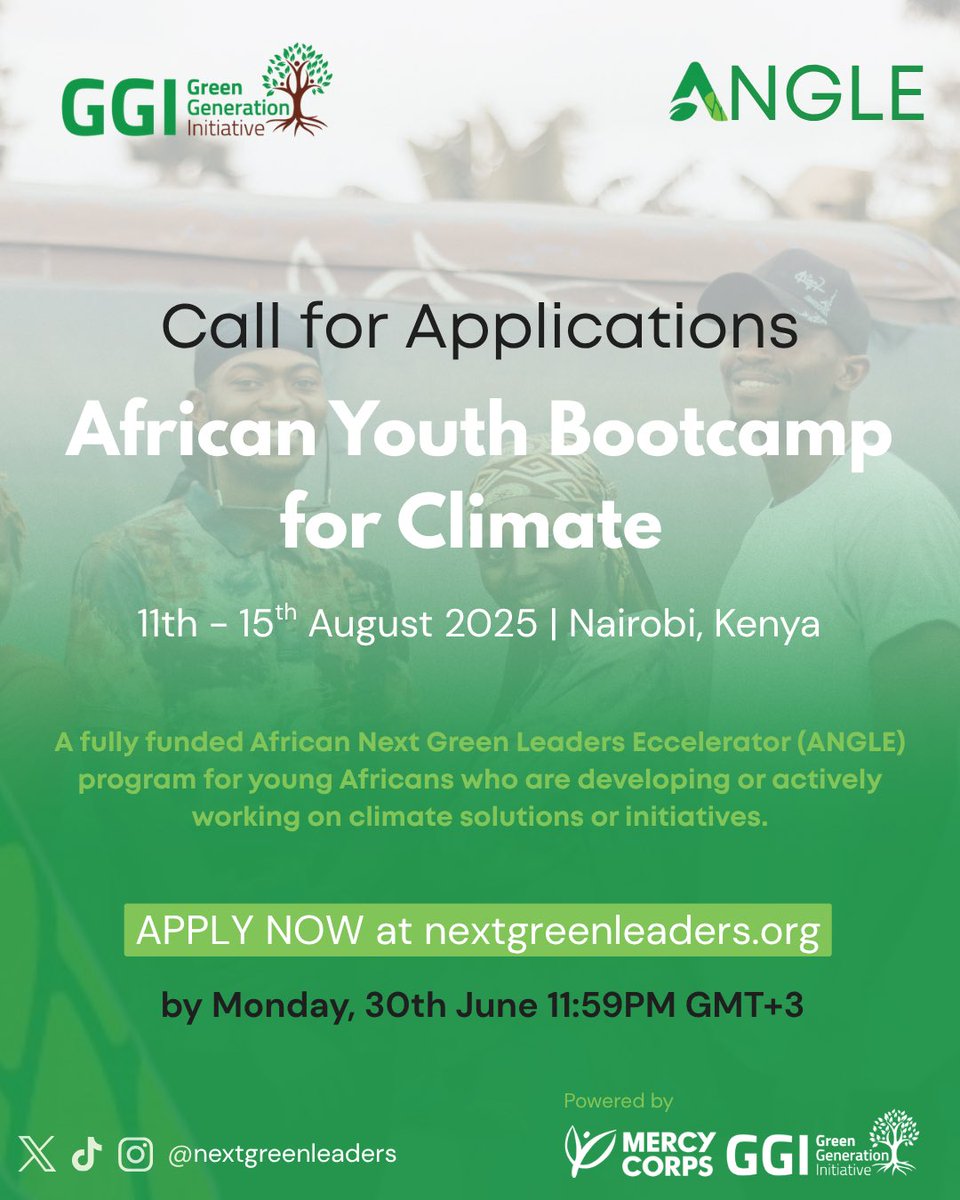 Green Generation Initiative (GGI) (@ggi_kenya) on Twitter photo HUGE ANNOUNCEMENT!📣
Applications are officially OPEN for the African Youth Bootcamp for Climate! Are you a young African leading or building a climate solution? This is your chance to join the Africa <a href="/NextGreenLeader/">Next Green Leaders</a> s Eccelerator (ANGLE); a fully funded program designed to HUGE ANNOUNCEMENT!📣
Applications are officially OPEN for the African Youth Bootcamp for Climate! Are you a young African leading or building a climate solution? This is your chance to join the Africa <a href="/NextGreenLeader/">Next Green Leaders</a> s Eccelerator (ANGLE); a fully funded program designed to