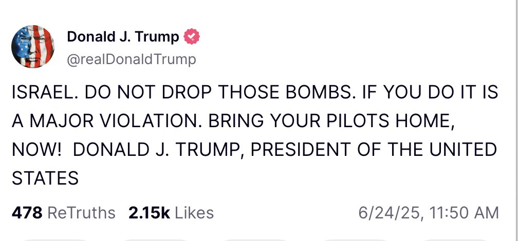 ⚡️Trump: ISRAEL, NO LANCES ESAS BOMBAS. SI LO HACES ES UNA GRAVE VIOLACIÓN. REGRESA A TUS PILOTOS A CASA. ¡AHORA!