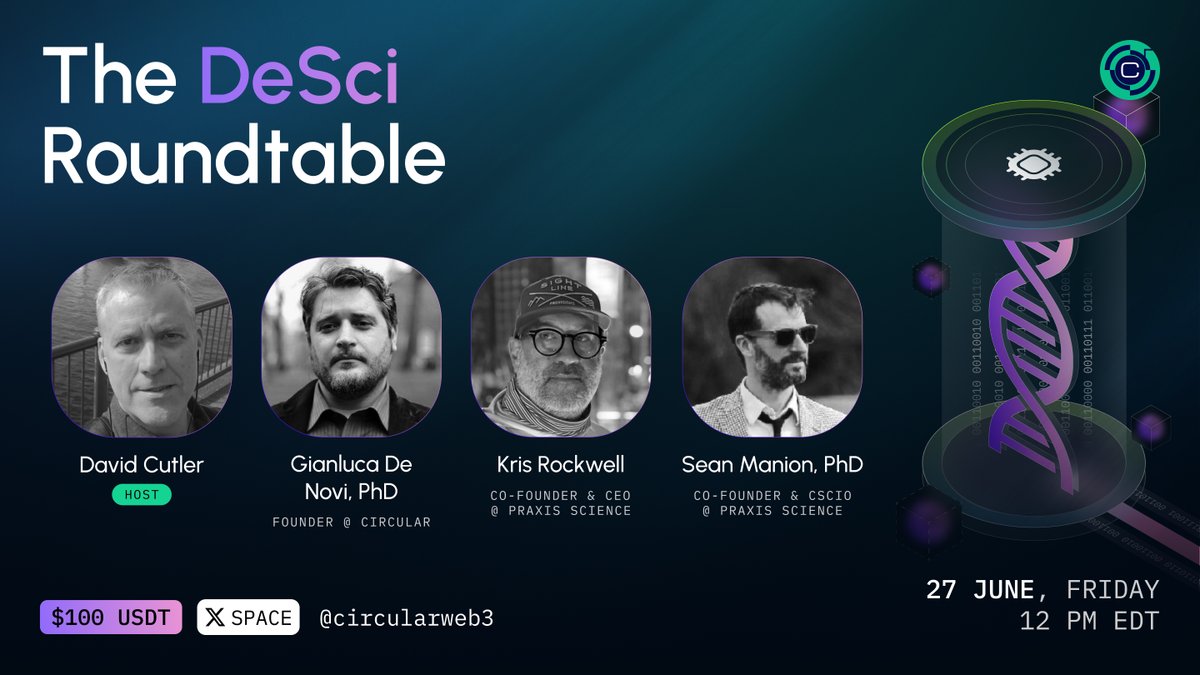 Circular Protocol (@circularweb3) on Twitter photo 🚨 AMA: The DeSci Roundtable with Praxis Science
📢 Set your reminders: x.com/i/spaces/1zqKV…
Join us this Friday for an exciting X Space featuring:
✅ <a href="/gianlucadenovi/">Gianluca De Novi, Ph.D.</a> - Founder, <a href="/circularweb3/">Circular Protocol</a>
✅ <a href="/hybridkris_eth/">Kris Rockwell</a> - Co-Founder, <a href="/praxsci/">PraxSci</a>
✅ <a href="/TheUnjournaling/">Sean Manion</a> - CEO, <a href="/praxsci/">PraxSci</a> 🚨 AMA: The DeSci Roundtable with Praxis Science
📢 Set your reminders: x.com/i/spaces/1zqKV…
Join us this Friday for an exciting X Space featuring:
✅ <a href="/gianlucadenovi/">Gianluca De Novi, Ph.D.</a> - Founder, <a href="/circularweb3/">Circular Protocol</a>
✅ <a href="/hybridkris_eth/">Kris Rockwell</a> - Co-Founder, <a href="/praxsci/">PraxSci</a>
✅ <a href="/TheUnjournaling/">Sean Manion</a> - CEO, <a href="/praxsci/">PraxSci</a>