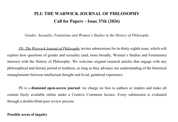MateusMBruno's tweet photo. We are delighted to announce a new Call for Papers for @PliJournal on Gender, Sexuality and the History of Philosophy! Check the amazing areas of inquiry below and we encourage you to share it with people who might be interested!

Any queries, email us at plijournal@warwick.ac.uk https://t.co/jYPhz7EAIp