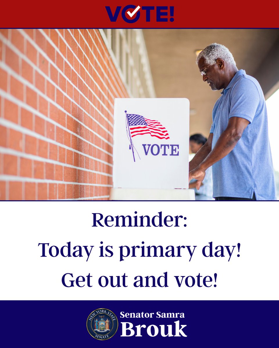 SenatorBrouk's tweet image. Reminder that primary day is today! Remember to do your civic duty and get out and vote! Polls are open from 6 am to 9 pm. Find your local polling place: monroecounty.gov/elections-sites