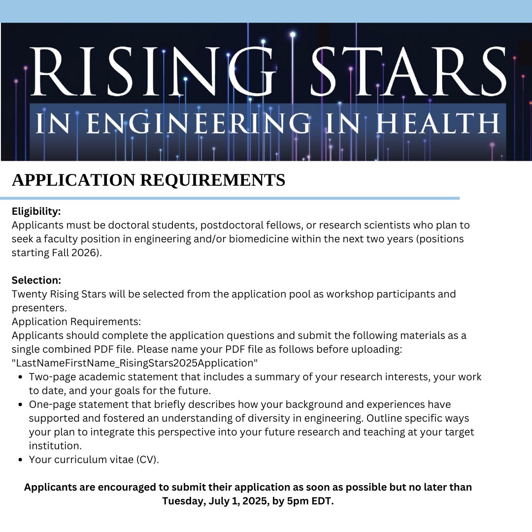 ColumbiaBME's tweet image. 🚨APPLICATIONS CLOSE SOON🚨
Don't forget! Applications for our 2025 Rising Stars Engineering in Health Workshop close July 1! Click here to apply 👉 bit.ly/3Rjb5fM