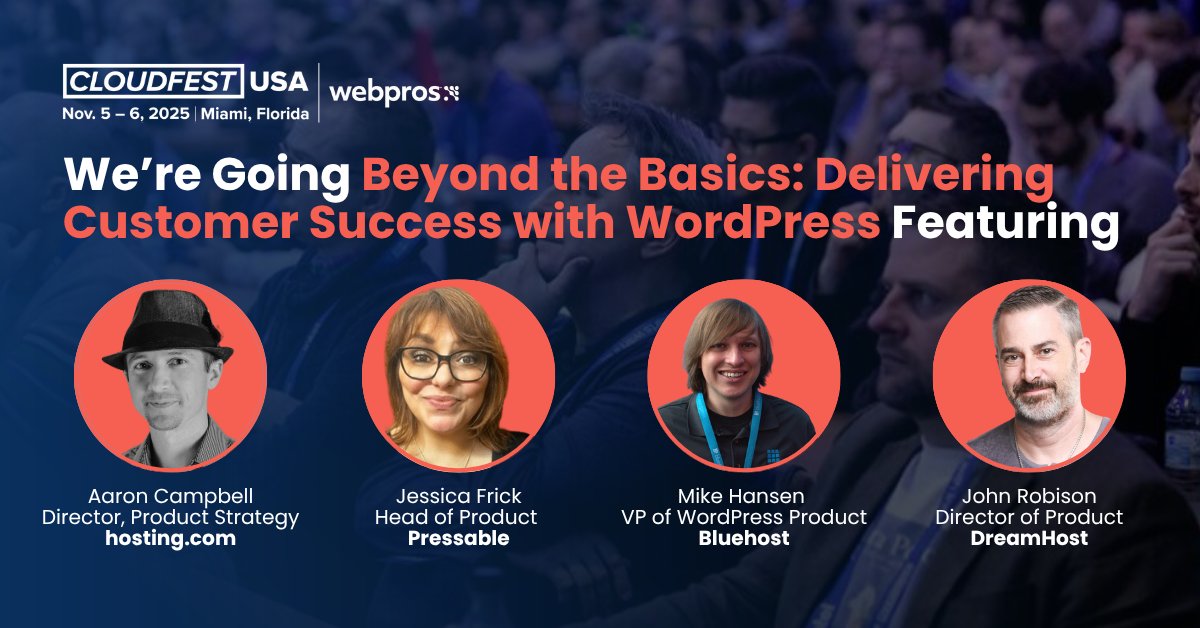 Managed #WordPress is more than uptime and support. 

At #CloudFestUSA hear from <a href="/aaroncampbell/">Aaron D. Campbell</a>, <a href="/xojessfrick/">Jessica Frick</a>, <a href="/MikeHansenMe/">Mike Hansen</a>, and John Robison as they explore how hosts can deliver real customer success. 

Don’t miss it. #WordPress
📅 eu1.hubs.ly/H0kZyzD0