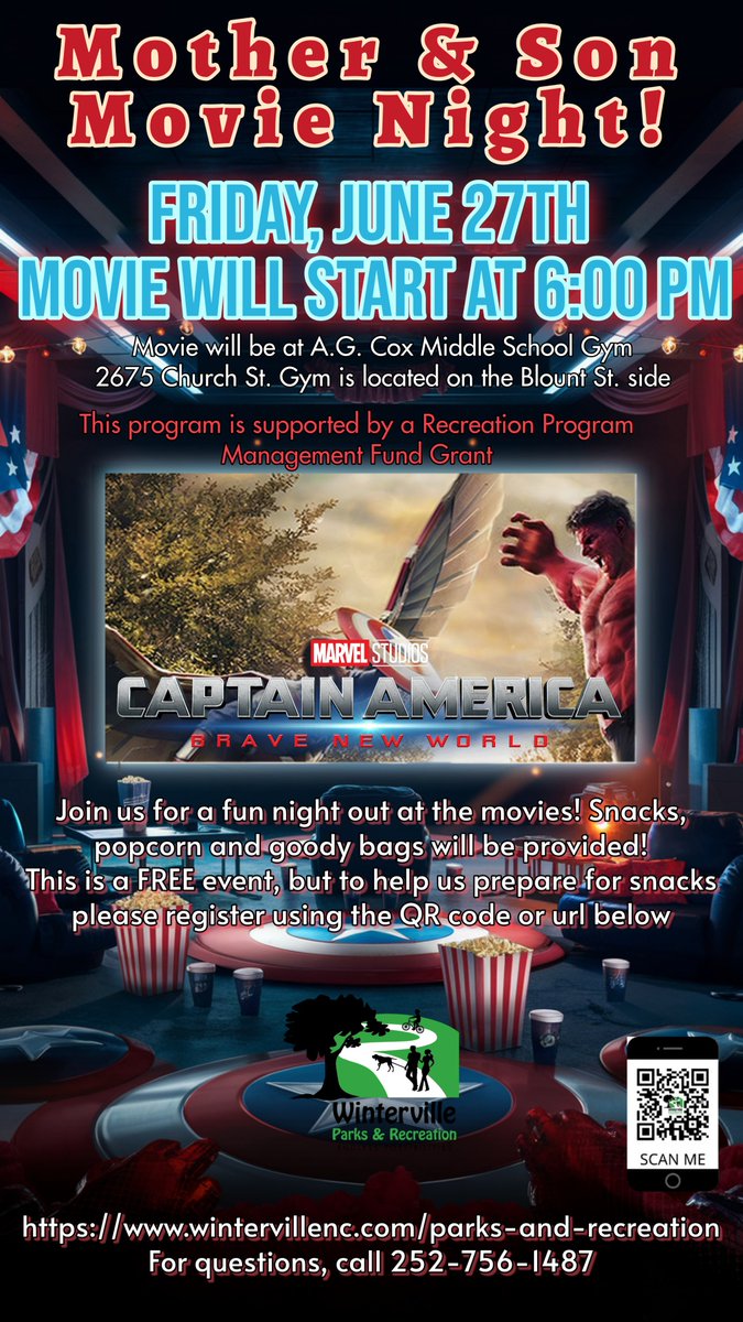 Mother and Son Movie Nights!
Thursday, June 26th at 6:00 pm: Hercules
Friday, June 27th at 6:00 pm: Captain America
A.G. Cox Middle School Gym
2675 Church Street on the Blount Street side
Register Now Here: wintervillenc.com/parks-and-recr…