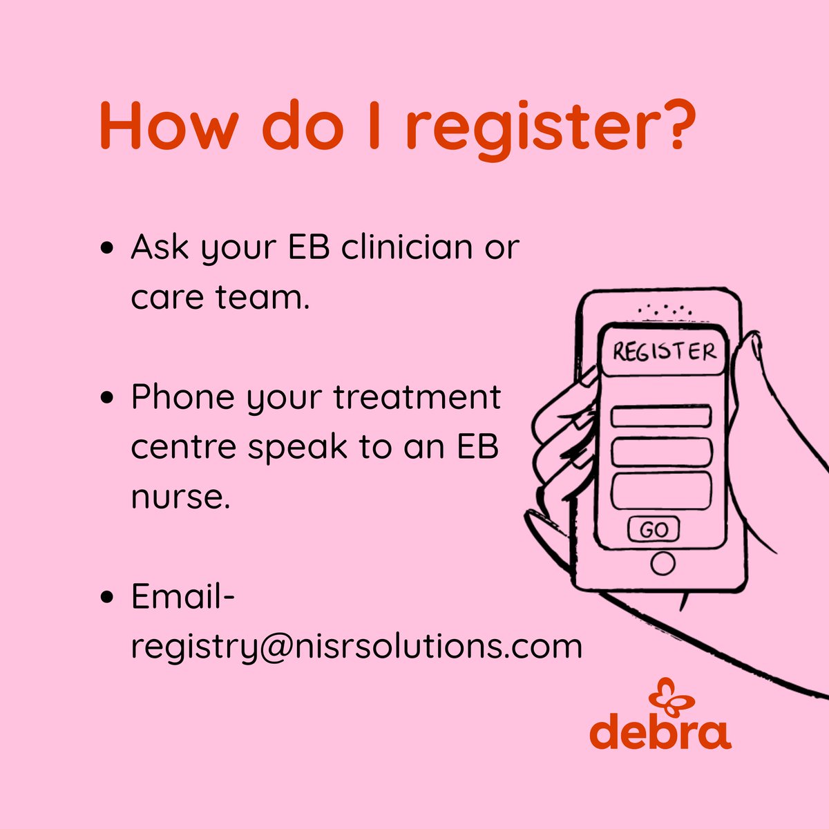 Debra - The Butterfly Skin Charity (@debraireland) on Twitter photo If you or a loved one lives with #epidermolysisbullosa in Ireland, joining the #EBRegistry is a powerful way to support #EBresearch and advance #EBcare.
Learn more👉debra.ie/eb-research/eb…
<a href="/SkinRegs/">NISR Solutions</a> <a href="/cuttyla/">Lara Cuttyla</a> #EB #registries #HealthResearchMatters If you or a loved one lives with #epidermolysisbullosa in Ireland, joining the #EBRegistry is a powerful way to support #EBresearch and advance #EBcare.
Learn more👉debra.ie/eb-research/eb…
<a href="/SkinRegs/">NISR Solutions</a> <a href="/cuttyla/">Lara Cuttyla</a> #EB #registries #HealthResearchMatters