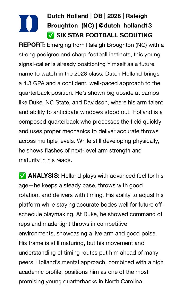 Dutch Holland (@dutch_holland13) on Twitter photo Thank you very much for the write up <a href="/sixstarfootball/">Six Star Football | PLUS+</a> I am so very blessed to be able to compete with such great peers at these great places. Looking forward to continue to grow and strengthen my game everyday! <a href="/Coach_McGuire5/">ᴄᴏᴀᴄʜ ᴍᴄɢᴜɪʀᴇ</a> <a href="/CAPSfootball/">Broughton Football</a> <a href="/Coach_Pirollo/">Coach Pirollo</a> <a href="/CoachHGregg/">Hadley Gregg</a> Thank you very much for the write up <a href="/sixstarfootball/">Six Star Football | PLUS+</a> I am so very blessed to be able to compete with such great peers at these great places. Looking forward to continue to grow and strengthen my game everyday! <a href="/Coach_McGuire5/">ᴄᴏᴀᴄʜ ᴍᴄɢᴜɪʀᴇ</a> <a href="/CAPSfootball/">Broughton Football</a> <a href="/Coach_Pirollo/">Coach Pirollo</a> <a href="/CoachHGregg/">Hadley Gregg</a>