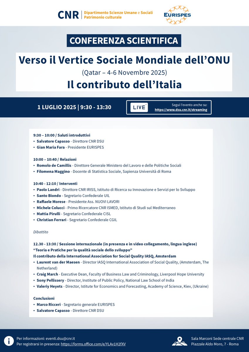 CNR DSU (@cnrdsu) on Twitter photo Il CNR DSU e l'<a href="/Eurispes/">Eurispes</a> organizzano un incontro per preparare il contributo dell'Italia al Vertice Sociale Mondiale dell'ONU in programma per novembre 2025.
L'evento si terrà il 1° luglio a Roma presso la sede centrale del <a href="/CNRsocial_/">CNR Consiglio Nazionale delle Ricerche</a> .
Scopri di più 👉 dsu.cnr.it/event/conferen… Il CNR DSU e l'<a href="/Eurispes/">Eurispes</a> organizzano un incontro per preparare il contributo dell'Italia al Vertice Sociale Mondiale dell'ONU in programma per novembre 2025.
L'evento si terrà il 1° luglio a Roma presso la sede centrale del <a href="/CNRsocial_/">CNR Consiglio Nazionale delle Ricerche</a> .
Scopri di più 👉 dsu.cnr.it/event/conferen…