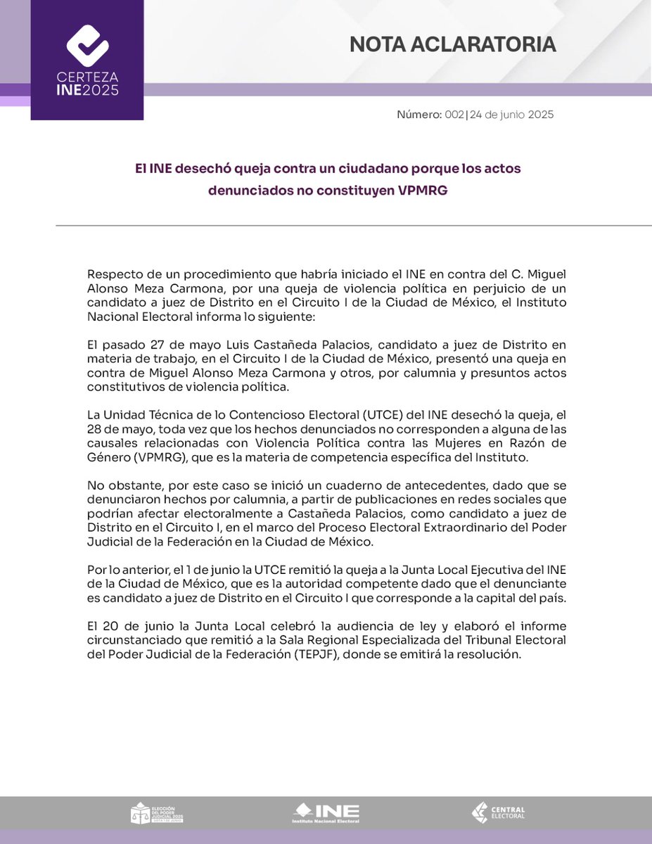 📄 NOTA ACLARATORIA | El INE desechó queja contra un ciudadano porque los actos denunciados no constituyen VPMRG
