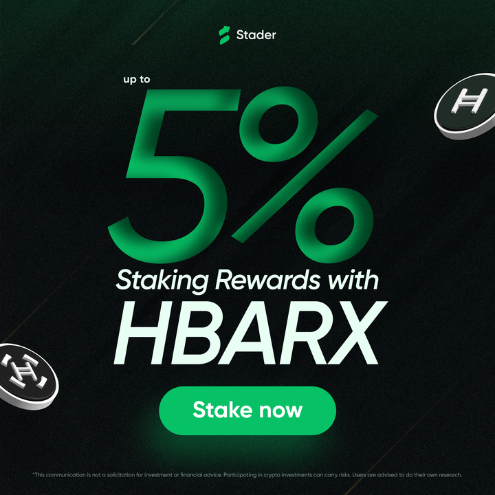 Put your $HBAR to work with Stader

Step into DeFi with #HBARx and tap into powerful integrations:
🌐 Seamless staking
📈 Connected across top DeFi platforms
🔒 Built on secure, audited infrastructure

🔗staderlabs.com/hedera/stake