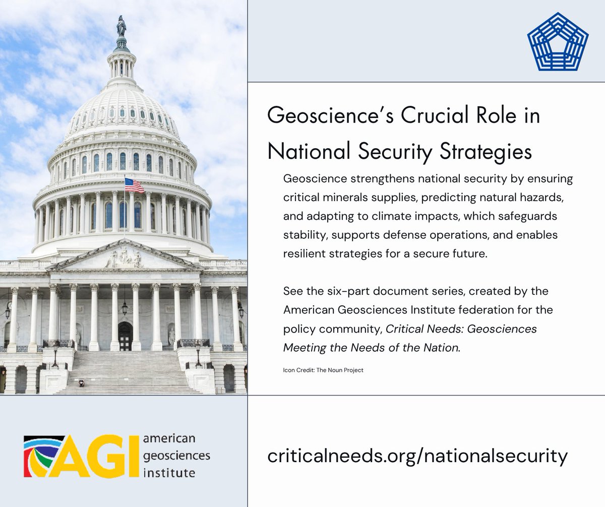 🛡️🌍 Geoscience = National Security! From securing critical minerals to predicting natural hazards, geoscience keeps our nation strong &amp; resilient.

Explore AGI’s Critical Needs series! 🔗 criticalneeds.org/nationalsecuri…

#NationalSecurity #Defense #STEM #Resilience #ScienceForPolicy