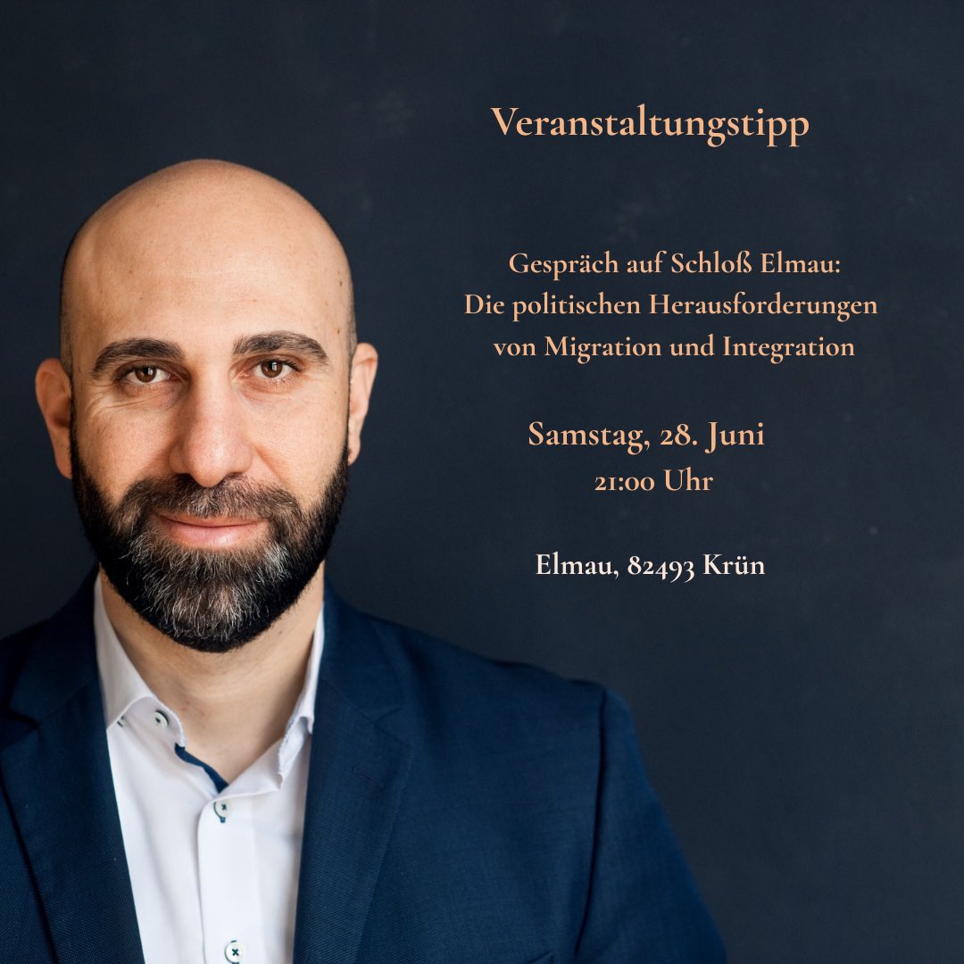 Liebe Freundinnen und Freunde aus der Region Oberbayern,

am Samstag, den 28. Juni, spreche ich um 21:00 Uhr im Schloss Elmau mit Dietmar Mueller-Elmau über die politischen Herausforderungen von Migration und Integration.

👉 Hier könnt ihr reservieren.

eventbrite.de/e/ahmad-mansou…