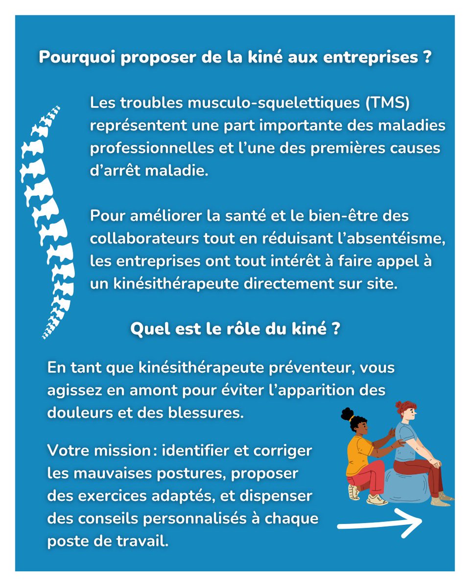 BaptisteGustave's tweet photo. 💼 La kiné en entreprise

Les TMS représentent la majeur partie des maladies professionnelles et sont la première cause d’arrêt maladie. En tant que kiné, vous pouvez agir sur le lieu de travail pour limiter les arrêts maladie et améliorer la qualité de vie des salariés

#kine https://t.co/Uduxq1FYfB