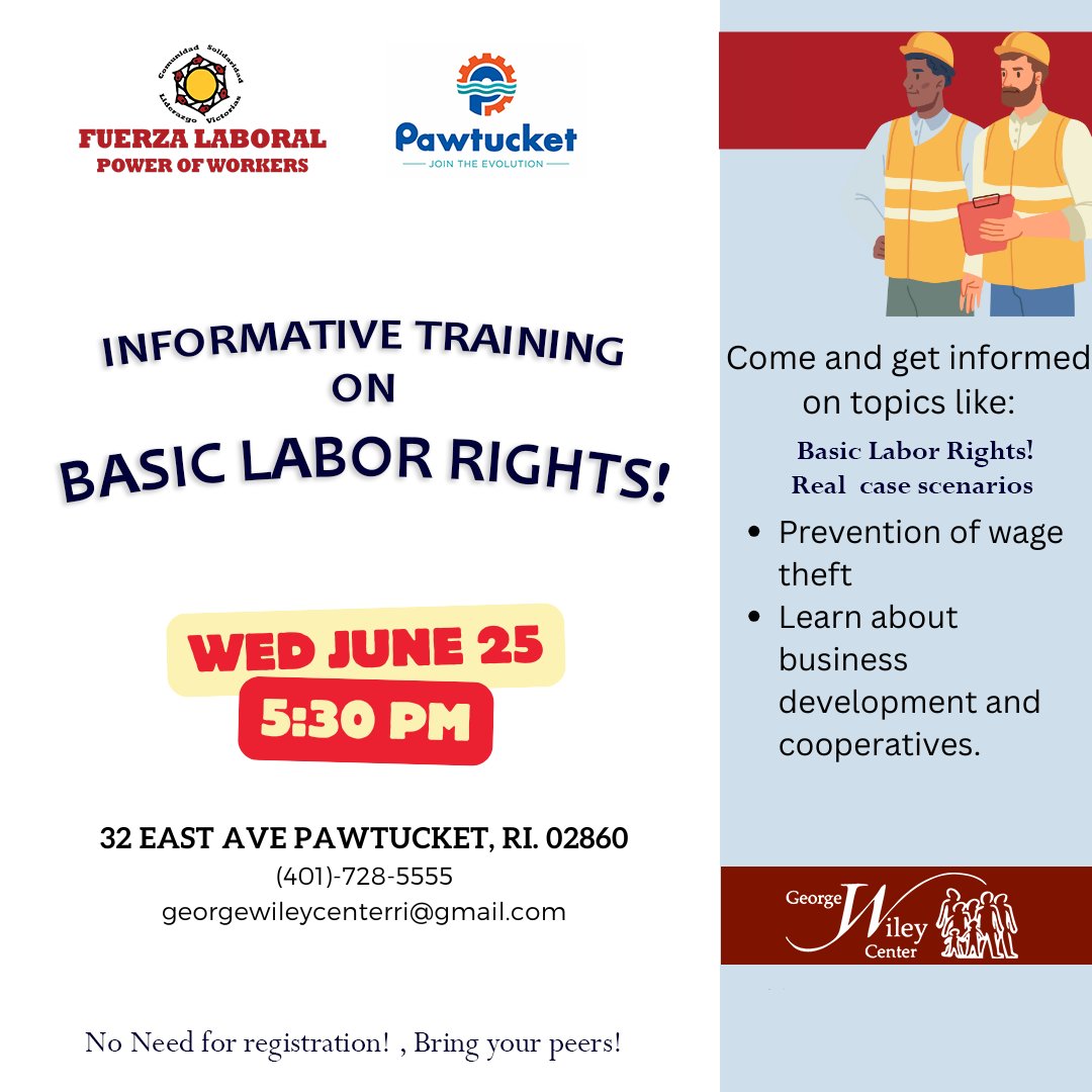 Fuerza_Laboral's tweet image. Let's talk workers' rights!
Wednesday , June 25 // 5:30PM.
401-728-5555
Let People Know!