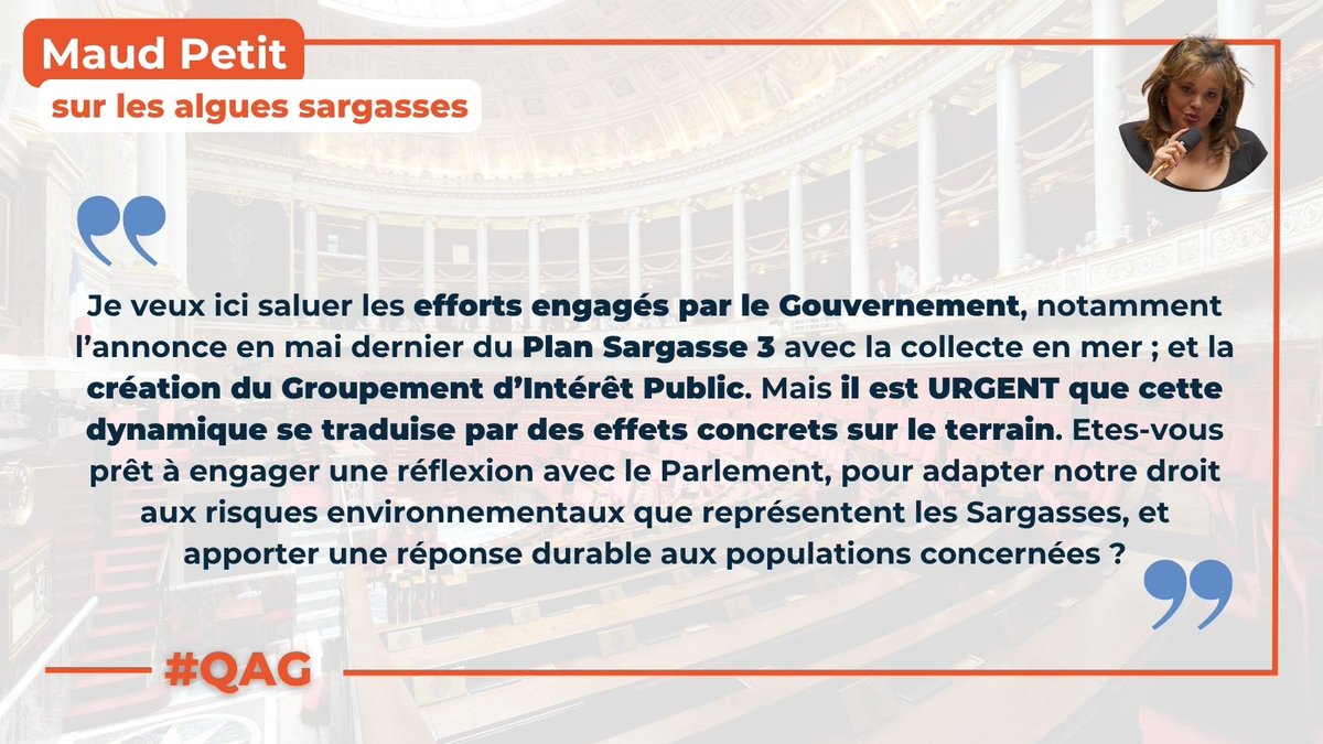 Les Démocrates (@deputesdem) on Twitter photo 🟠🗣️ #QAG | « Dans nombre de nos territoires marins, la situation provoquée par les algues sargasses atteint, depuis plusieurs semaines, un niveau d’alerte plus que préoccupant. C’est une crise sanitaire qui nous menace »
<a href="/MaudPetit_AN94/">Maud Petit</a> a alerté le Gouvernement sur « les images 🟠🗣️ #QAG | « Dans nombre de nos territoires marins, la situation provoquée par les algues sargasses atteint, depuis plusieurs semaines, un niveau d’alerte plus que préoccupant. C’est une crise sanitaire qui nous menace »
<a href="/MaudPetit_AN94/">Maud Petit</a> a alerté le Gouvernement sur « les images