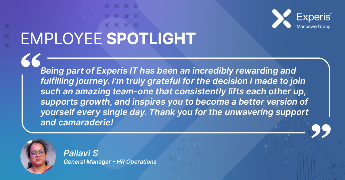 Gratitude. Growth. Great people. 💼✨
Pallavi's journey at #ExperisIT is all about support, inspiration, and becoming better every day—together
.
.
.
.
#EmployeeSpotlight #LifeAtExperis #Teamwork #employeeexperience #employeewellbeing  #GrowthMindset #WorkCulture #ExperisIndia
