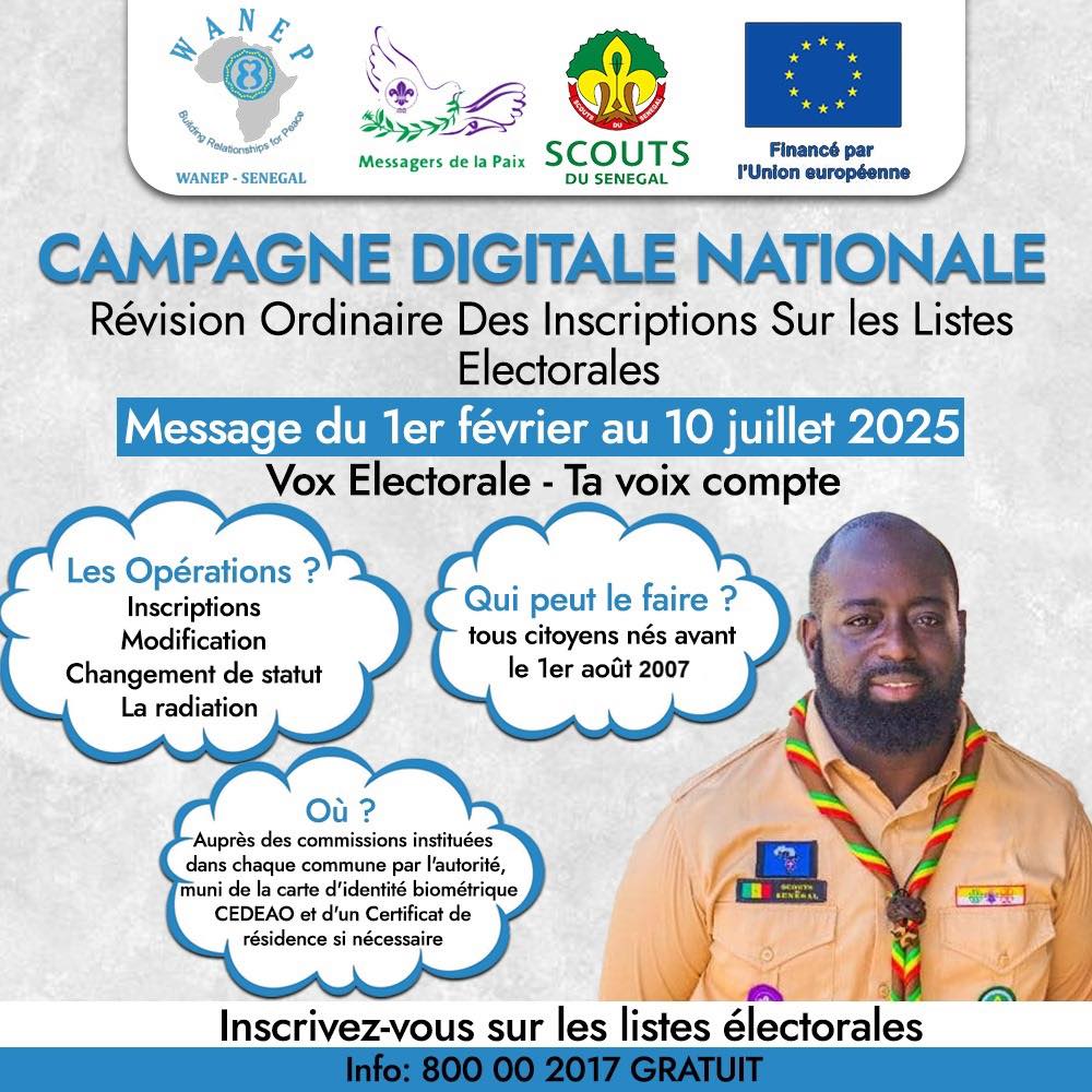 Les Scouts du Sénégal et <a href="/wanepsenegal/">wanepsenegal</a>  appellent à l'#inscription sur les #listes #électorales, qui est une démarche #citoyenne essentielle pour faire entendre sa voix et participer activement à la vie #démocratique de sa commune et de son pays.