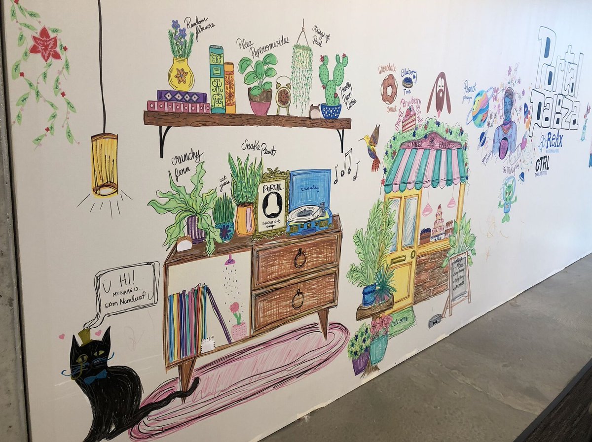 portalinno's tweet image. Our Portal Chicago members are insanely talented - not only do they run groundbreaking research, but it seems like a few of them could be Banksy. Take a look at the artwork they’ve put up on our temporary walls around our staircase connecting floors 9 and 10. Great work!