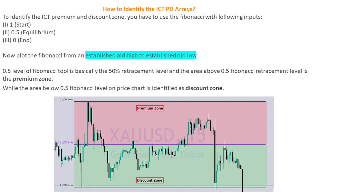 aniltekin1990's tweet image. #PDArrayMatrix “Premium and Discount Zones” ticaret giriş noktalarını belirlemek için kullanılır. Nerede alım veya satım yapılacağını belirlemek için bu kullanılır. Prim bölgesi satış için idealdir (düşüş trendinde), indirim bölgesi ise alım için idealdir (yükseliş trendinde).