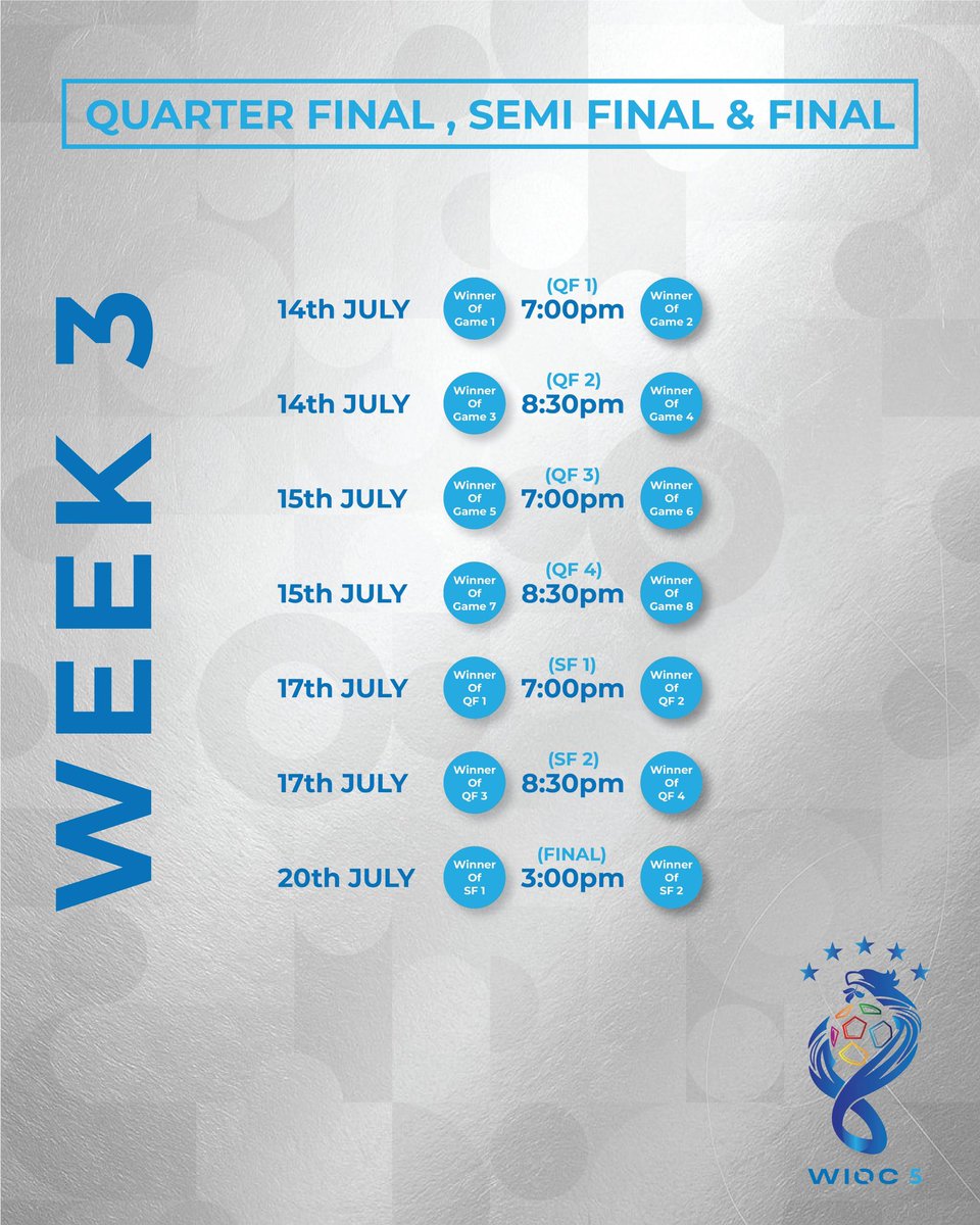 WorldInOneCity1's tweet photo. WIOC 5
Take a look at the WIOC 5 schedule. Games kick off next week at @jericholanehub 🚀
#WIOC5 #Liverpool #2025 #Football #Tournament #Community #Explore https://t.co/N3Q3odpGrZ