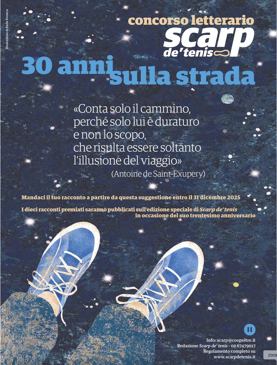 Stefano Lampertico (@stefanolamp) on Twitter photo Eccoci. Con una grande novità. Un concorso letterario, aperto a tutti, per i 30 anni di <a href="/scarpdetenis/">Scarp de' tenis</a>. Il tema è quello del "cammino". Raccoglieremo i dieci migliori racconti su un numero speciale. Tutti i dettagli qui: scarpdetenis.it/concorso-lette…
(mi aiutate con i Retweet?) Eccoci. Con una grande novità. Un concorso letterario, aperto a tutti, per i 30 anni di <a href="/scarpdetenis/">Scarp de' tenis</a>. Il tema è quello del "cammino". Raccoglieremo i dieci migliori racconti su un numero speciale. Tutti i dettagli qui: scarpdetenis.it/concorso-lette…
(mi aiutate con i Retweet?)