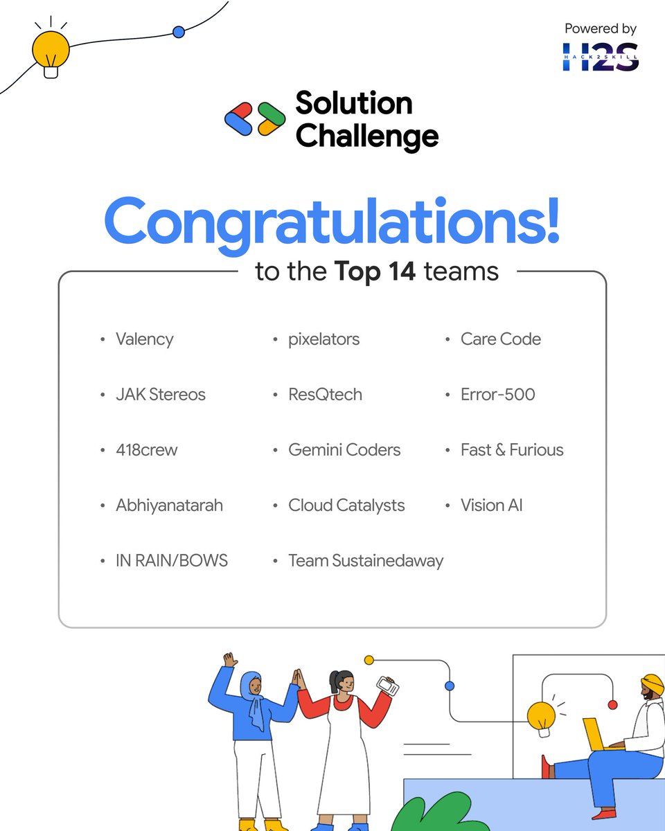 hack2skill's tweet image. It’s Official! ✨
Here are the Top 14 teams of the GDG on Campus Solution Challenge 2025! 🚀
These 14 amazing teams will pitch their impactful solutions LIVE at the Grand Finale on 11 July 2025 at Google Office, Gurugram!
Let’s cheer them on!
#SolutionChallenge #GDGonCampus