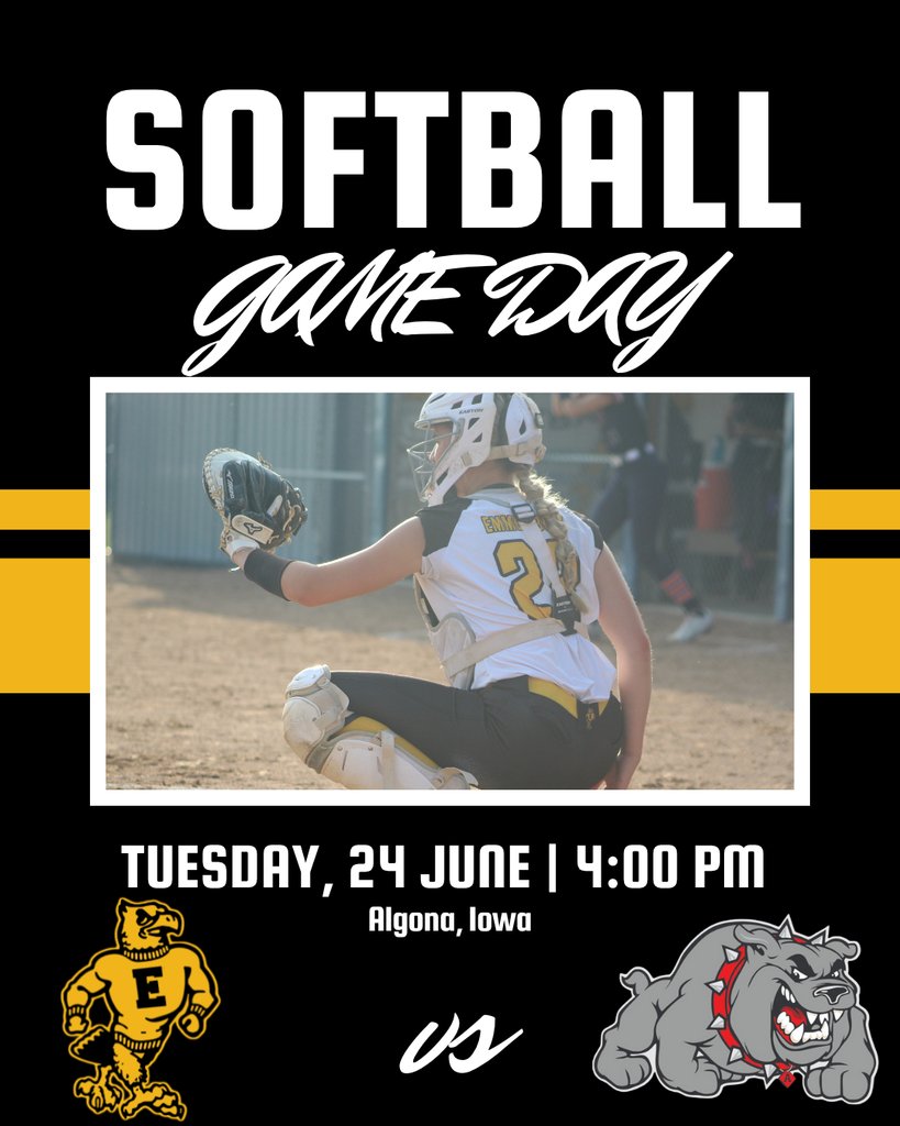 🥎 Good luck to our E-Hawk softball team as they travel to Algona tonight for a non-conference tripleheader!

🕓 JVR – 4:00 PM
🕠 JV – 5:30 PM
🌟 Varsity – 7:30 PM

Best of luck, ladies — let’s go, E-Hawks! 💛🖤
#EHawkPride