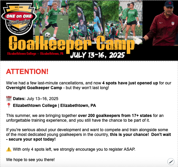 Register now before it's too late!  1on1goalkeeping.com