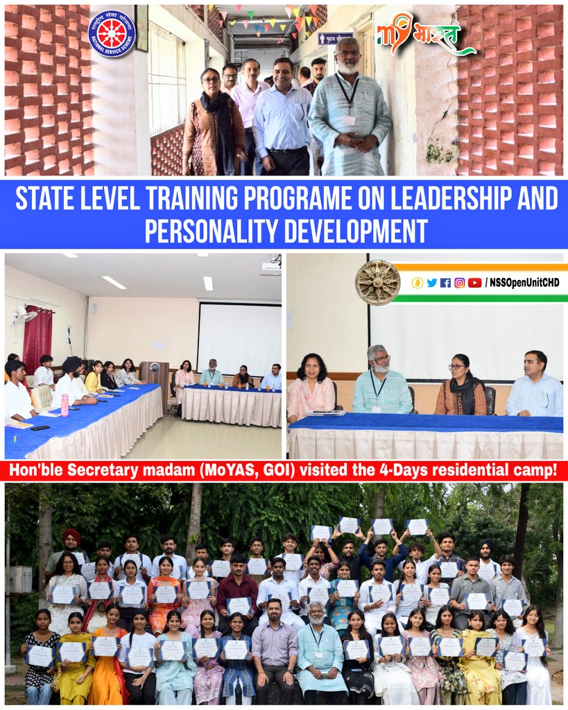NSSOpenUnit's tweet photo. ℕ𝕆𝕋 𝕄𝔼, 𝔹𝕌𝕋 𝕐𝕆𝕌
#NSSbuddies participated in State Level #FourDays (June 16-19, 2025) capacity building program on "Leadership and Personality Development" nominated by State NSS Cell, Education Department, Chandigarh Administration at RGNIYD, Chandigarh.

@_NSSIndia https://t.co/Y7BnvmgwZT