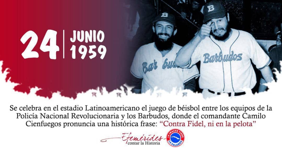 Hoy recordamos en el estadio Latinoamericano el juego  de béisbol entre los equipos de la Policía Nacional Revolucionaria Luis y  los Barbudos donde el Comandante Camilo Cienfuegos pronuncia la  histórica frase: "Contra Fidel, ni en la Pelota"#CubaViveEnSuHistoria #CubaMined