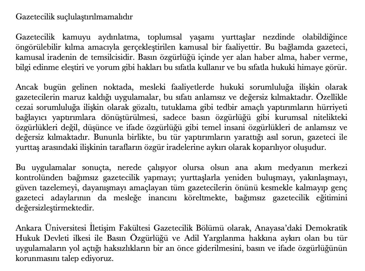 İLEF Gazetecilik Bölümü, yaşanan son gelişmelere ilişkin bir açıklama yaptı. 
Açıklamada, gazeteciliğin toplumsal işlevlerinden bahsedilerek, gazetecilere dönük “hürriyeti bağlayıcı” yaptırımların olumsuz etkilerine vurgu yapıldı. 

Açıklamanın tam metni şöyle;