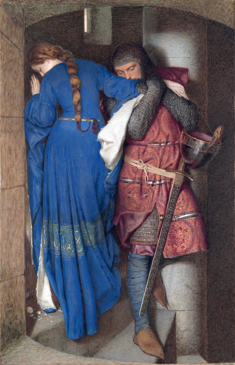 This is The Meeting on the Turret Stairs by Irish painter Frederic William Burton in 1864.

This painting is a watercolor.

It portrays the meeting of two star crossed lovers from a Danish ballad. Hellelil who fell in love with her personal bodyguard Hildebrand Prince of
