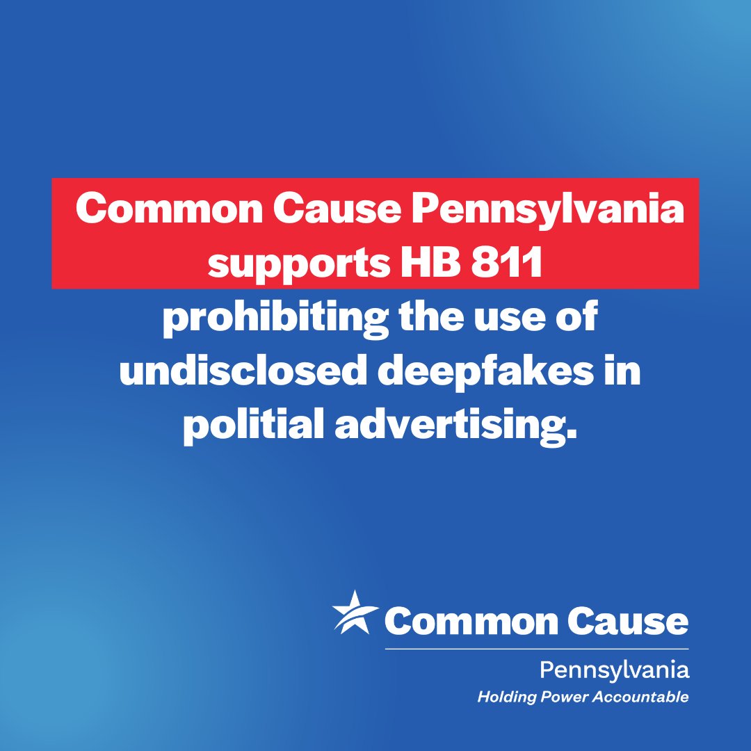 commoncausepa's tweet image. NEWS: Today the PA House unanimously passed HB 811, a bill to regulate the use of deepfakes in political messaging. Common Cause Pennsylvania encourages the Pennsylvania Senate to pass HB 811. See our full statement here: commoncause.org/pennsylvania/a…