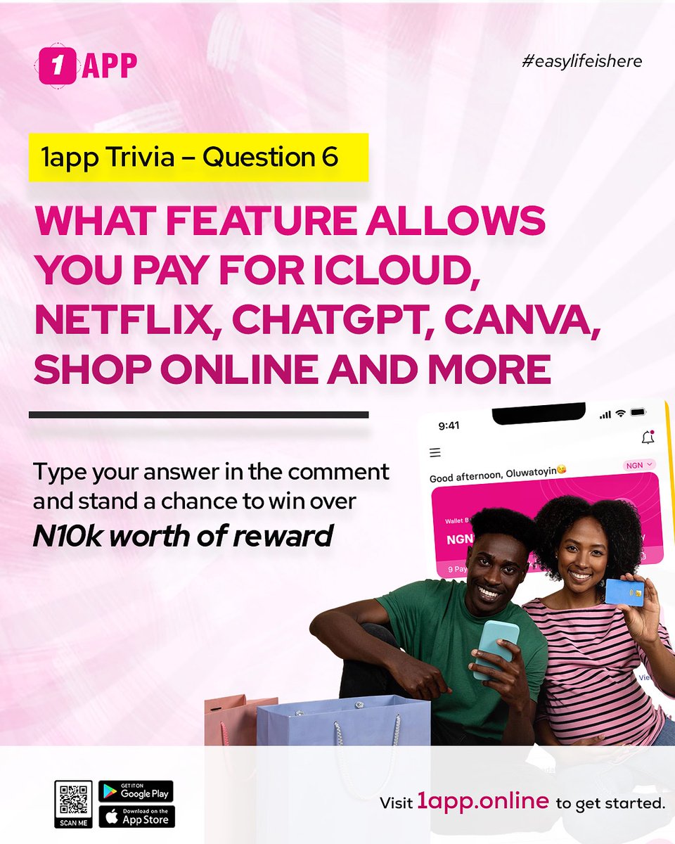 1appOnline's tweet image. Drop your answer in the comments. 

One more trivia question to go after today. 

Win over ₦10,000 worth of rewards
Remember to tag 2 friends. 

#1appTrivia #KnowYourApp #WinWith1app #1appChallenge