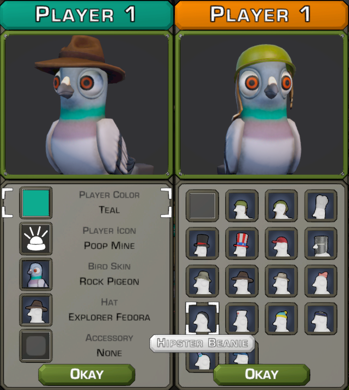 WarPigeonsGame's tweet photo. Same on screen customizations for all local players. Yes both players are player 1, because you are all player ones in our hearts. #warpigeons https://t.co/HMhZzayeoR