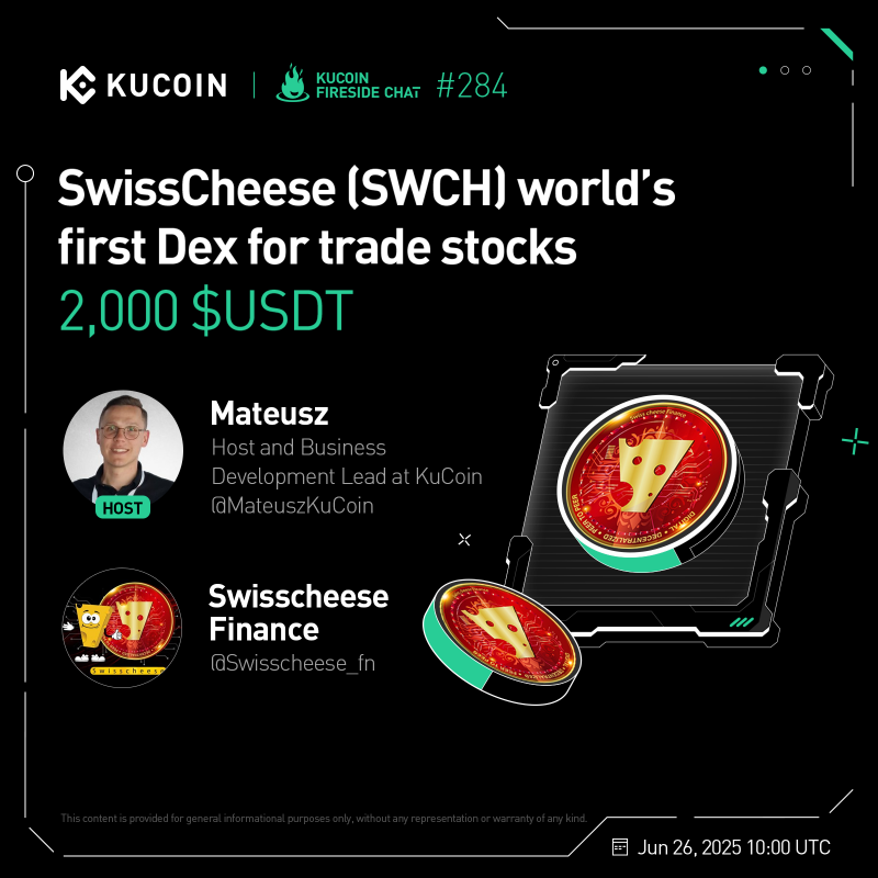 kucoincom's tweet photo. 🔥Don’t miss the #KuCoinFireSideChat with @Swisscheese_fn!

🎁2,000 USDT to win

1. Follow @kucoincom, @BC_KuCoin &amp; @Swisscheese_fn
2. Complete Gleam form
3. Join the space: https://t.co/VcHTtbozbI

Show your support to $SWCH on #KuCoin now⤵️
https://t.co/1SboB6pzlV