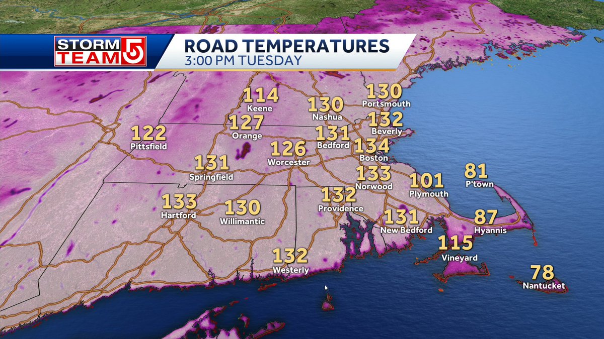 WCVB's tweet photo. DON'T FORGET YOUR PETS! Look at the predicted road surface temps at 3 p.m. today! It's even harder for your pets to stay cool in this extreme heat! Latest forecast: https://t.co/1FqSd05ndb https://t.co/WrceYEOUbN