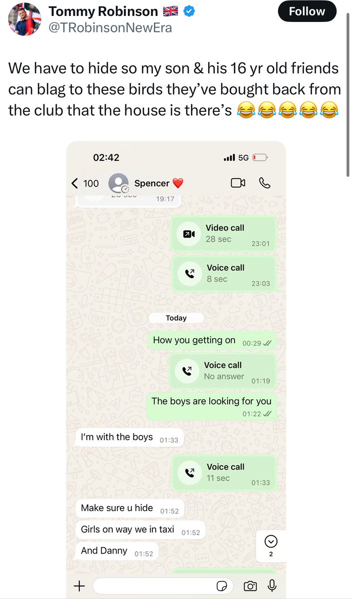 JaydaBF's tweet photo. A few weeks ago, Tommy Robinson came out of jail wearing rosary beads, claiming he’s a Christian.

Today he’s gloating that he helped 16 year old boys deceive girls that they picked up at a club and brought back to his house at 2am.

16.

Your conservative hero, ladies and gents. https://t.co/u04hPkxupw