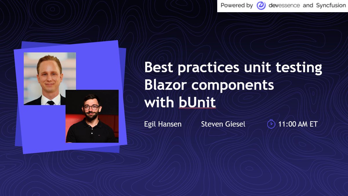 TrailBlazor Conference (@trail_blazor) on Twitter photo 🔍 Learn how to test Blazor like a pro!
Join <a href="/egilhansen/">Egil Hansen</a> & Steven Giesel as they share best practices for unit testing Blazor components with bUnit.
trailblazor.net
#Blazor #bUnit #dotnet #TrailBlazor2025 🔍 Learn how to test Blazor like a pro!
Join <a href="/egilhansen/">Egil Hansen</a> & Steven Giesel as they share best practices for unit testing Blazor components with bUnit.
trailblazor.net
#Blazor #bUnit #dotnet #TrailBlazor2025