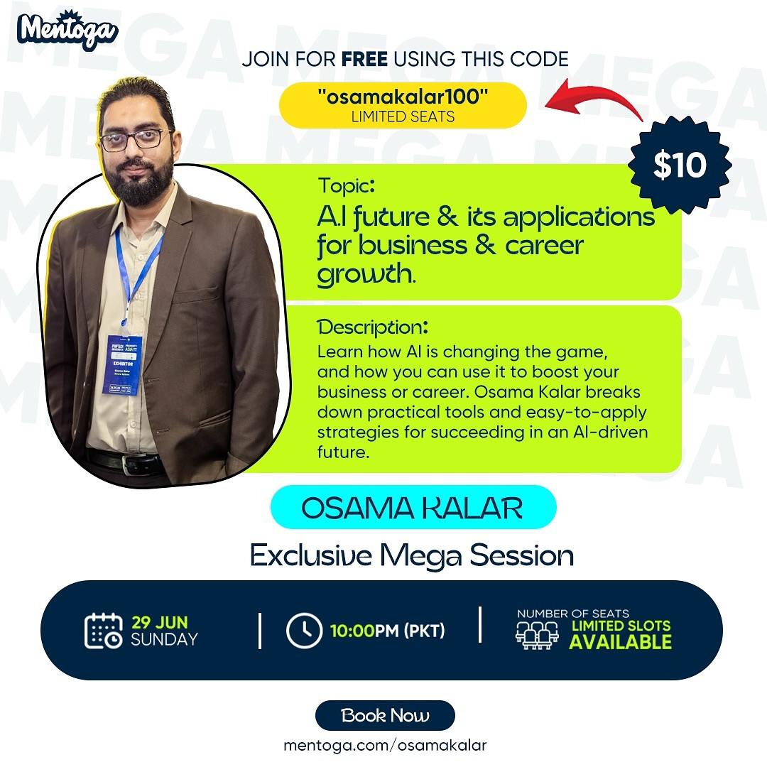 mentogacreators's tweet image. 🚨 AI is changing everything, ready to level up?

Join Osama Kalar in a FREE Mentoga Mega Session:
💡AI Future &amp;amp; Its Applications for Business &amp;amp; Career Growth
🗓️ Sun, 29 June
🕙 10 PM PKT
🎟️ Code: osamakalar100
🔗 mentoga.com/osamakalar

#Mentoga #OsamaKalar #MegaSession #Growth