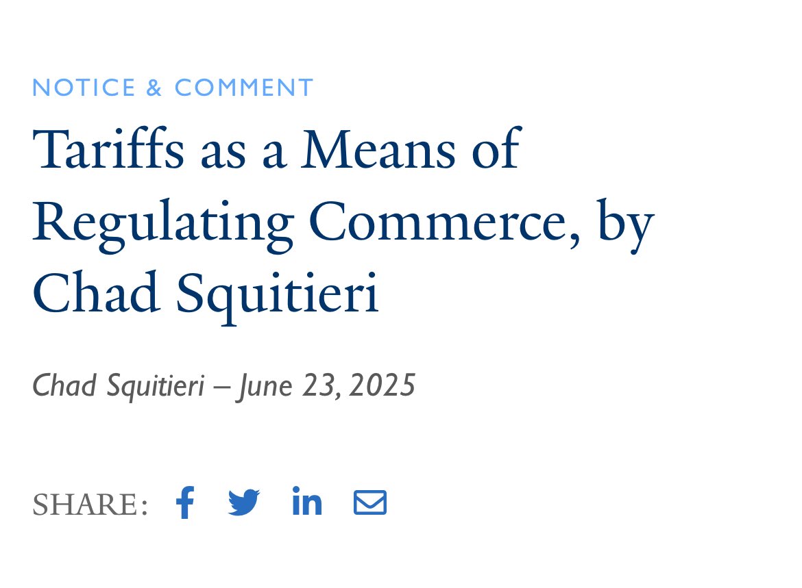 Chad Squitieri (@chadsquitieri) on Twitter photo New <a href="/YaleJREG/">Yale Journal on Regulation</a> post explaining why IEEPA empowers the President to impose tariffs.
The district court erroneously ruled that tariffs had to be a means of taxationārather than regulationāand thus read a traditional and familiar means of regulation (tariffs) out of the statute. New <a href="/YaleJREG/">Yale Journal on Regulation</a> post explaining why IEEPA empowers the President to impose tariffs.
The district court erroneously ruled that tariffs had to be a means of taxationārather than regulationāand thus read a traditional and familiar means of regulation (tariffs) out of the statute.