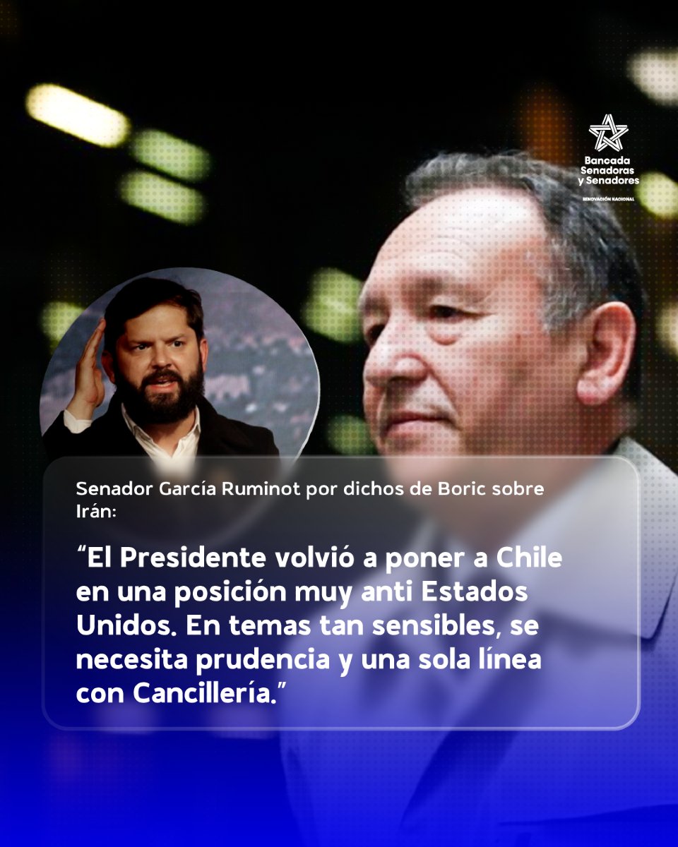 🚨NOTICIA | Senador García Ruminot por dichos de Boric sobre Irán: “El Presidente volvió a poner a Chile en una posición muy anti Estados Unidos. En temas tan sensibles, se necesita prudencia y una sola línea con Cancillería.”