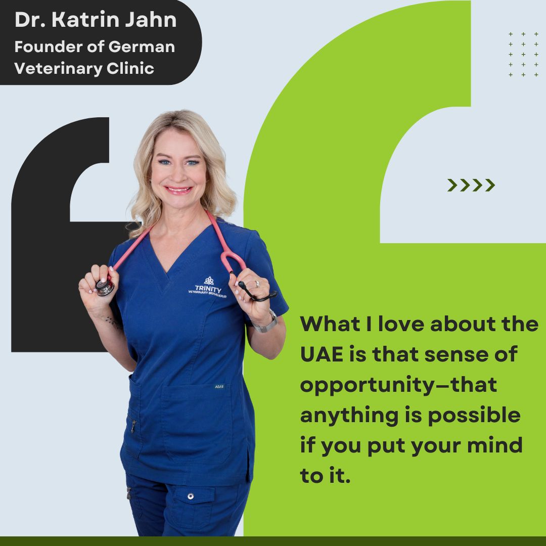 An inspiring quote from Dr. Katrin Jahn about the limitless potential in the UAE.

Tune in to an inspiring podcast, coming to you at 12:00 noon tomorrow!

#DogTrainingTips #CatBehavior #PositiveReinforcement #PetOwners #SpeakDog #SpeakCat #ZeroPainVeterinary #PetHealthMatters
