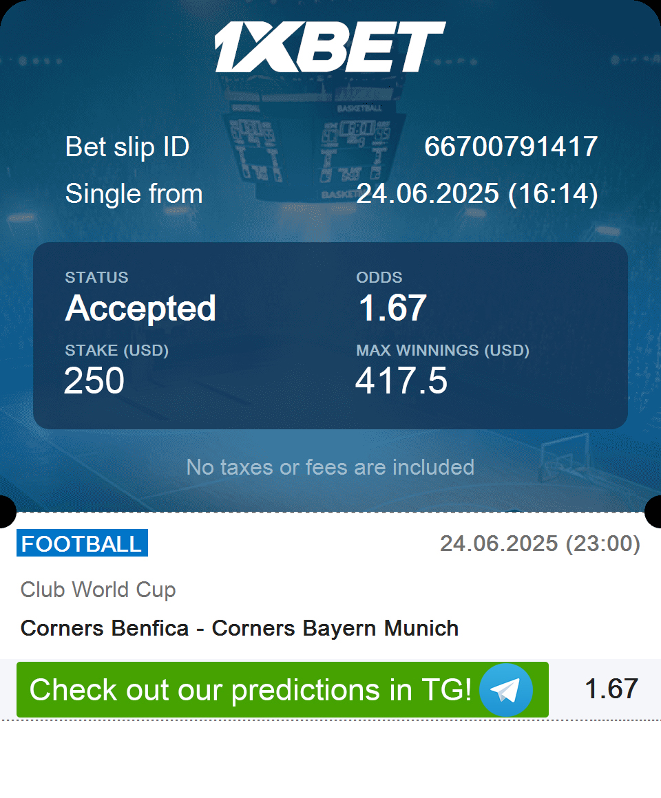 FCBetMaster's tweet image. 🏆 Club World Cup
Benfica 🆚  Bayern Munich
💸 Stake: $250 | 🔥 Odds: 1.67
🏆 Max Win: $417.5
⚠️ Expecting a tight game with fewer corner chances!
🎯 Safer pick with solid value.
👇 Want more bets like this? Check the Bio 📉
#football #FIFAClubWorldCup #benfica #BayernMunich
