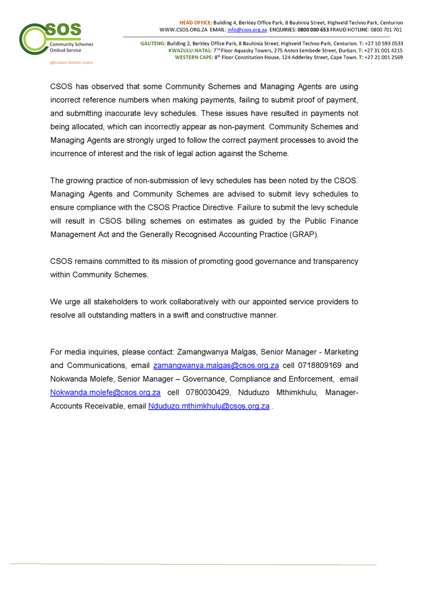 📄PRESS RELEASE: CSOS Physical Verification and Validation of Community Schemes and Debt Collection

Download document here: csos.org.za/media-centre/c…