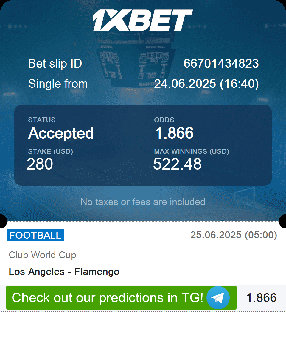 FCBetMaster's tweet image. 🏆 Club World Cup
⚽ Los Angeles 🆚 Flamengo
💰 Stake: $280
🔥 Odds: 1.866
🏆 Max Win: $522.48
🟥 Flamengo are expected to dominate here!
💥 Strong odds and serious value for the win.
👇 Want daily tips like this? Join our Telegram! 📲