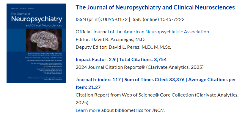American Neuropsychiatric Association (ANPA) (@anpadirect) on Twitter photo Impact factor for The Journal of Neuropsychiatry & Clinical Neurosciences (JNCN) is now 2.9! JNCN, the official journal of the American Neuropsychiatric Association, strives to publish field leading papers in neuropsychiatry & allied disciplines. <a href="/APAPubJournals/">Journals of The American Psychiatric Association</a> Impact factor for The Journal of Neuropsychiatry & Clinical Neurosciences (JNCN) is now 2.9! JNCN, the official journal of the American Neuropsychiatric Association, strives to publish field leading papers in neuropsychiatry & allied disciplines. <a href="/APAPubJournals/">Journals of The American Psychiatric Association</a>