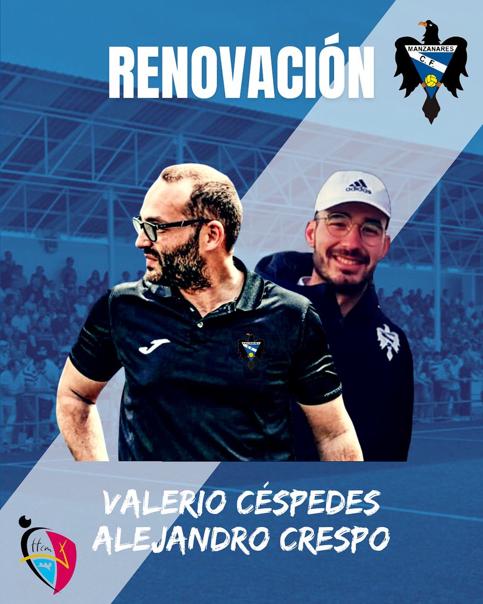 Manzanares_CF_'s tweet photo. 💙 ¡RENOVACIÓN! 💙

📝 VALERIO CÉSPEDES Y ALEJANDRO CRESPO

📢 El Manzanares CF sigue confiando en el actual entrenador y preparador físico, Valerio Céspedes y Alejandro Crespo, respectivamente. https://t.co/s9tScriFtk