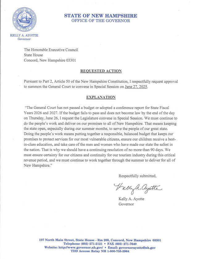 reporterporter's tweet photo. Having indicated she would veto the Legislature's version of the FY 2026-2027 state budget, N.H. Governor @KellyAyotte says she will call for a special session if budget legislation doesn't become law by EOD on Thursday, 6/26. #nhgov #nhpolitics https://t.co/ru2E0A4GQw