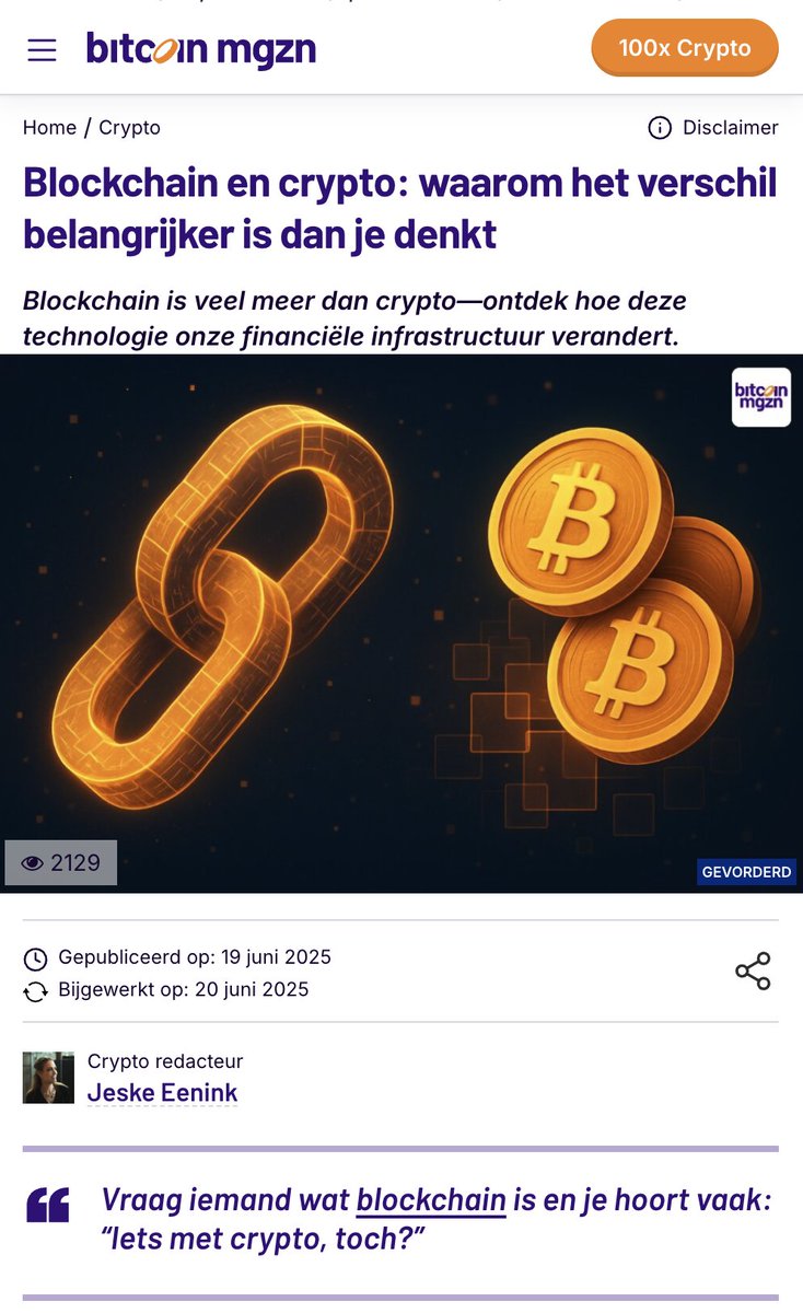 Jeske Eenink (@ayajeske) on Twitter photo Mijn eerste artikel als gastschrijver voor <a href="/BitcoinMagNL/">Bitcoin Magazine NL</a> is gepubliceerd!
Ik leg uit hoewel blockchain en crypto veel in één adem worden genoemd, er daadwerkelijk een verschil is.
π Lees het artikel hier: bitcoinmagazine.nl/crypto/blockchβ¦
#crypto #blockchain #fintech $DUSK Mijn eerste artikel als gastschrijver voor <a href="/BitcoinMagNL/">Bitcoin Magazine NL</a> is gepubliceerd!
Ik leg uit hoewel blockchain en crypto veel in één adem worden genoemd, er daadwerkelijk een verschil is.
π Lees het artikel hier: bitcoinmagazine.nl/crypto/blockchβ¦
#crypto #blockchain #fintech $DUSK